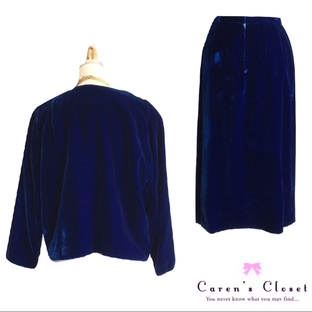 Vintage Royal Blue Velvet Pencil Skirt Suit - Picture 5 of 5